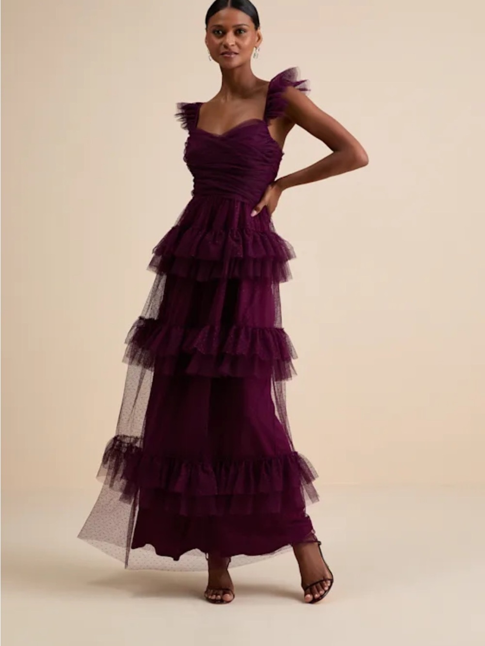 Lulu's Plum Tiered Ruffle Tulle Maxi Dress